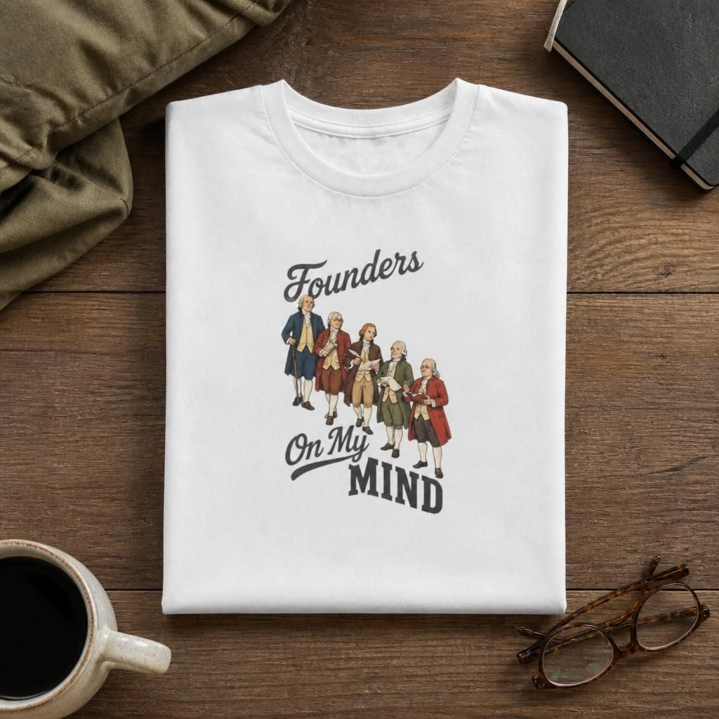 A folded white graphic T-shirt is displayed on a wooden tabletop with styled props including a coffee mug, eyeglasses, a notebook, and fabric. The shirt features a printed design of the Founding Fathers with the text 'Founders On My MIND'. BY WONDER DOKKAN