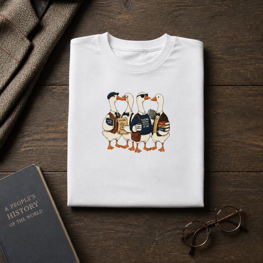 A folded white crewneck t-shirt with a graphic of three cartoon geese wearing backpacks and books, displayed on a dark wooden table alongside a book, eyeglasses, and a textured fabric.
