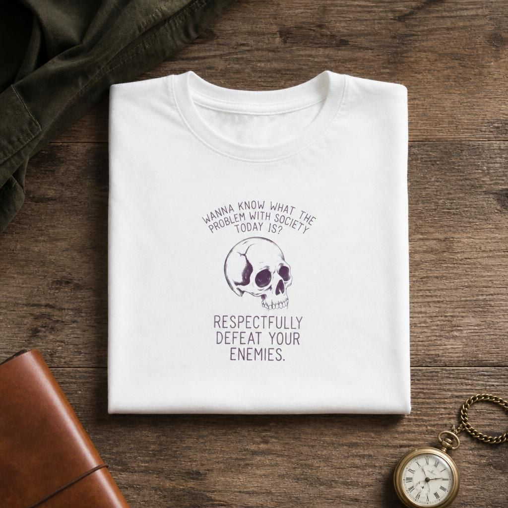 A folded white t-shirt with a dark purple graphic and text on the front, displayed on a rustic wooden surface with a brown leather notebook, a pocket watch, and a dark green jacket nearby.Sweatshirt by Wonder Dokkan